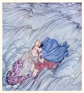 Bølgene fra alle verdener så ut til å virvle forbi dem i ett enormt grønt teppe fra Becuma of the White Skin in Irish Fairy Tales av Arthur Rackham