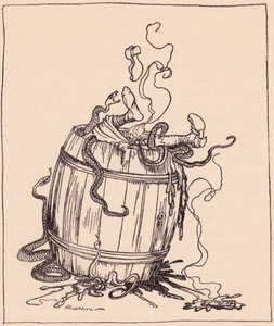 Den onde svigermor ble lagt i en tønne full av kokende olje og giftige slanger. Illustrasjon av Arthur Rackham fra Grimm