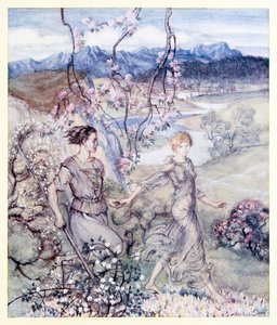 Så gikk de [Iollan og Tuiren] hånd i hånd i landet som lukter epleblomst og honning. fra The Birth of Bran i Irish Fairy Tales av Arthur Rackham