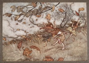 Det er nesten ingenting som har så stor sans for moro som et falt løv, fra Peter Pan i Kensington Gardens av J M Barrie (1860 - 1937), pub. 1906 av Arthur Rackham