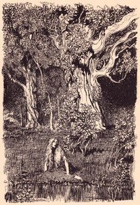 Der satt hun og ville blitt sittende lenge om det ikke hadde vært et rasling og sprekk i grenene på det nærmeste treet. Illustrasjon av Arthur Rackham fra Grimm