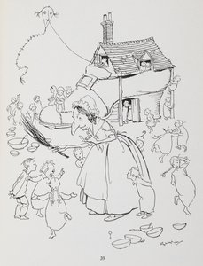 Det var en gammel dame som bodde i en sko. Kvinne med skohus og mange barn. av Arthur Rackham