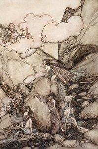 Disse eventyrfjellene, fra Rip Van Winkle av Washington Irving, pub. 1910 av Arthur Rackham
