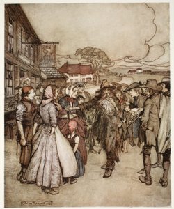 De stimlet rundt ham og så på meg fra topp til fot med stor nysgjerrighet. Fra Rip Van Winkle av Washington Irving, pub. 1910 av Arthur Rackham