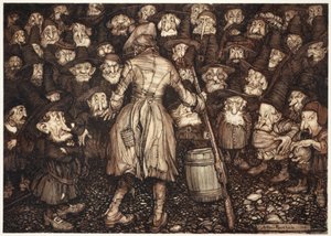De stirret på ham med et så fast, statuelignende blikk at hjertet hans snudde seg i ham og knærne slo sammen., fra Rip Van Winkle av Washington Irving, pub. 1910 av Arthur Rackham