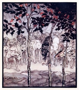 De sto utenfor, fylt av villskap og redsel. fra The Enchanted Cave of Cesh Corran i Irish Fairy Tales av Arthur Rackham