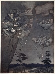 De ble styrt av en gammel squaw-ånd som hengte opp de nye månene på himmelen og kuttet opp de gamle til stjerner., fra Rip Van Winkle av Washington Irving, pub. 1910 av Arthur Rackham