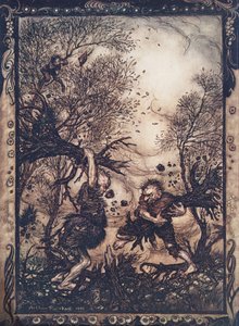 De ble så rasende at de rev opp trær med røttene og hakket på hverandre til de begge falt døde, fra The Fairy Tales of the Brothers Grimm, pub. 1909