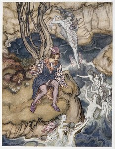 Denne musikken snek seg forbi be upon the waters, illustrasjon fra William Shakespeares The Tempest, pub. 1926 av Arthur Rackham