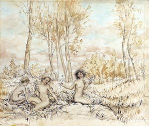 Tre trenymfer som samler blomster (penn og blekk og wc på papir) av Arthur Rackham