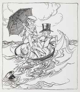 Tre menn i en bolle på sjøen. av Arthur Rackham