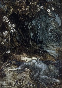 Titania the Queen of Fees sover. Illustrasjon av Arthur RACKHAM (1867-1939) for Drømmen om en sommernatt av William SHAKESPEARE av Arthur Rackham