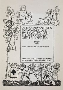 Tittelside med en rosebusk, den hvite kaninen og menn utkledd som kort av Arthur Rackham