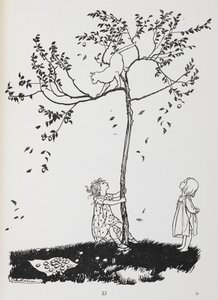 To barn prøver å få en katt ned fra et tre. av Arthur Rackham