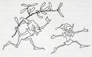 To alver leker, den ene bærer en kvist misteltein av Arthur Rackham