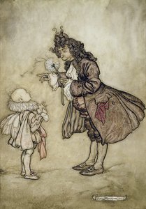When Her Majesty Wants to Know the Time, fra Peter Pan i Kensington Gardens av J.M. Barrie, pub. av Hodder og Stoughton, 1906 (penn og blekk med wc på papir) av Arthur Rackham