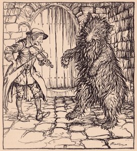Da bjørnen hørte musikken kunne han ikke la være å begynne å danse. Illustrasjon av Arthur Rackham fra Grimm