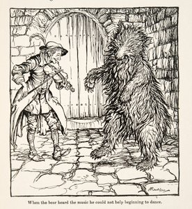 Da bjørnen hørte musikken kunne han ikke la være å begynne å danse, fra Little Brother & Little Sister and Other Tales av brødrene Grimm, pub.1917 (litho) av Arthur Rackham