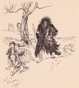 Den som så ham, stakk av. Illustrasjon av Arthur Rackham fra Grimm