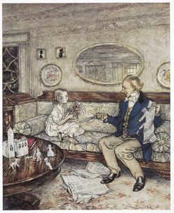"Hvorfor ser blomstene mine så falmede ut i dag"? Fargeillustrasjon som viser en ung jente, Ida, som sitter på en sofa sammen med en ung mann, en student, som holder en saks. av Arthur Rackham
