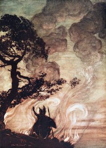 Wotan snur seg og ser bedrøvet tilbake på Brünnhilde. Illustrasjon for Rhinegold og Valkyr