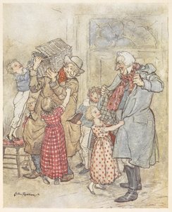 Små barn hjelper to eldre menn med kåpene når de går inn i et hus med julegaver av Arthur Rackham