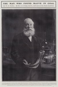 William Henry Perkin , engelsk kjemiker som oppdaget det første syntetiske organiske fargestoffet, mauveine (litho)
