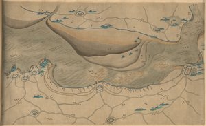120 000. medfølgende. Orientert med nord til bunn. Relieff vist billedmessig. Bildekart. Hummel kjøp 1930, nr. 34. Viser området langs Qiantang-elven, spesielt delen av Hangzhou-bukten i Zhejiang-provinsen. Tilgjengelig også gjennom biblioteket o