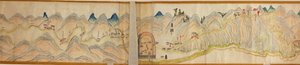 16 000. medfølgende. Orientert med nord til høyre. Relieff vist billedmessig. Fugleperspektiv. Dekker Wei-elven i Baoji Xian, Shanxi Sheng til Shu Dao i Shanxi-Sichuan-grensen. Viser boplasser, rasteplasser, stasjoner, vertshus, templer, fjelloverganger, w