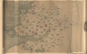 850 000. medfølgende. Orientert med nord til bunn. Relieff vist billedmessig. Bildekart. Penn-og-blekk og akvarell. Viser fjell, kystlinje, øyer og veier i Zhejiang-provinsen. Hummel kjøp 1930, nr. 35. Også tilgjengelig via biblioteket