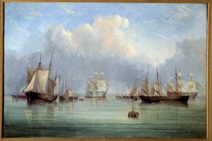 Marineskip og seilbåter fortøyd. Maleri av Arthur Wellington Fowles (1815-1883) 1800-tallets Orleans Museum of Fine Arts