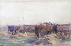 Høyvogner med hest (akvarell på papir) av Arthur Winter Shaw