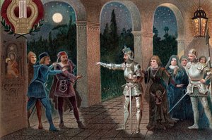 Leonora bortført fra kloster av Manrico, akt II scene 5 fra operaen «Il Trovatore» av Giuseppe Verdi