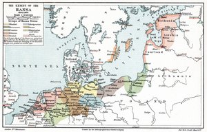 Kart over Hansaforbundets utstrekning rundt 1400 (trykt)