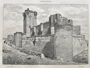 Medina del Campo. Mota-slottet. Gravering. SPANIA. ARAGON. Zaragoza. Militærakademiet. av Artist Unknown
