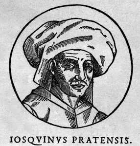 Portrett av Josquin des Pres (Josquin Desprez, Jodocus Pratensis eller Jodocus da Prato) (1440-1521). xylograph. av Artist Unknown