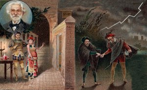 Rigoletto bruker Sparafucile til å myrde Duke - Akt 3, scene 4 fra operaen Rigoletto av Giuseppe Verdi av Artist Unknown