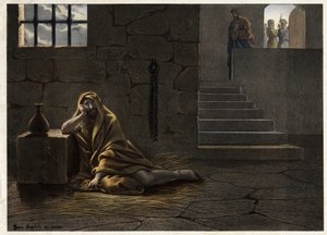 Døperen Johannes i fengsel. Profeten døperen Johannes, som fordømte kong Herodes Antipas#39; utroskap med Herodiad, sin egen brors kone, ble satt i fengsel. av Artist Unknown