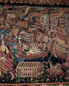 Den portugisiske sjøfareren Vasco de Gama (1459–1524) ankom Calicut i India i 1498, detalj, billedvev av Artist Unknown