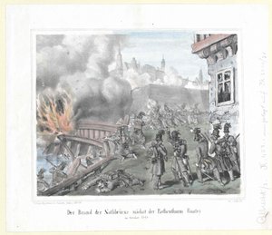 Brannen i Nothbrücke nær bastionen Rothenthurm i oktober 1848 av Artist Unknown