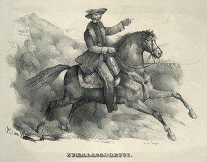 ZUMALACARREGUI, Thomas (1788-1835). Carlist-general. Spania. Første Carlist-krig. Zumalacarregui rir på en hest. Gravering. av Artist Unknown