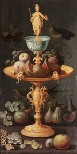Druer, plommer og et granateple på en gylden tazza overvunnet av en personifisering av maleri, med fiken, druer, epler, en gullkjede og spanske stykker av åtte på en steinhylle av Artus Claessens