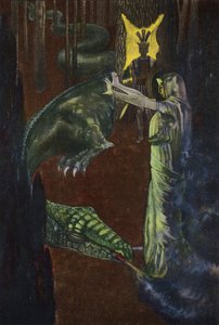 Jason ser på Medea legge dragen som vokter den gylne fleece i dvale (farge litho)