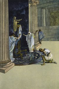Orestes blir beordret av Apollo til å dra til Tauris og bringe statuen av Artemis til Athen (farge litho) av Artus Scheiner