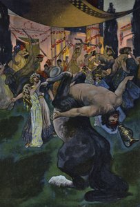Satyrer som forstyrrer bryllupsfesten til Orpheus og Eurydice, scene fra Orpheus in the Underworld (farge litho) av Artus Scheiner