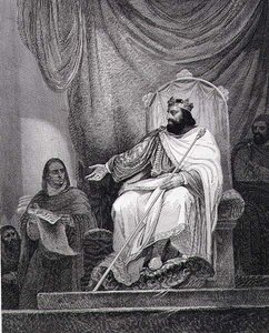 Charlemagne (742-814) utstedte Capitular of Herstal i 779, gravert av Leclerc (gravering) av Ary (after) Scheffer