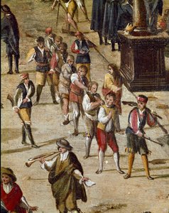Sted for domstolen til Vicaria i Napoli på tidspunktet for revolusjonen til Masaniello. Kriminelle er dommere før inngangen - Detalj som viser en gruppe straffedømte lenket i nakken - Maleri av Ascanio Luciani (ca. 1621-1706) Napoli, Museo Nazional av Ascanio Luciani