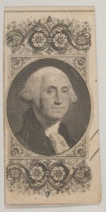 Seddelmotiv: Portrett av George Washington i et dekorativt panel, ca. 1824-37.
