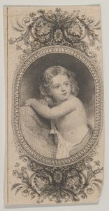 Seddelmotiv: et barneportrett og to mønstrede ovaler omgitt av en floral f..., ca. 1824-37.