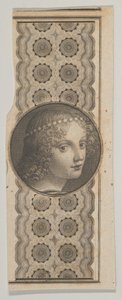 Seddelmotiv med et jentehode hentet fra Leonardo da Vinci mot et mønster..., ca. 1824-37.
